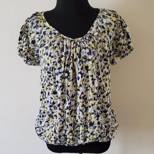 Daisy Fuentes Yellow/Blue Confetti Print Blouse Top Shirt